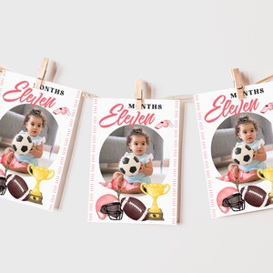 Girl Football Monthly Photo Banner Football Birthday Party Banner Template Football modifiable First Year Photo Bunting Flags Cartes modifiables