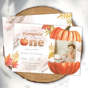 Our Little Pumpkin is Turning One Girl Photo Gold Fall First Birthday Invitation Template Editable Autumn Birthday Invitation YFAL01