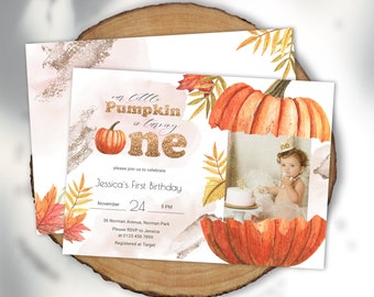 Our Little Pumpkin is Turning One Girl Photo Gold Fall First Birthday Invitation Template Editable Autumn Birthday Invitation YFAL01