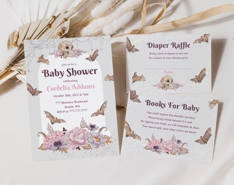 Halloween Baby Shower Invitation Set Gothic Floral Baby Shower Invitation Bundle Skull Baby Shower Editable A Little Boo Is Almost Due