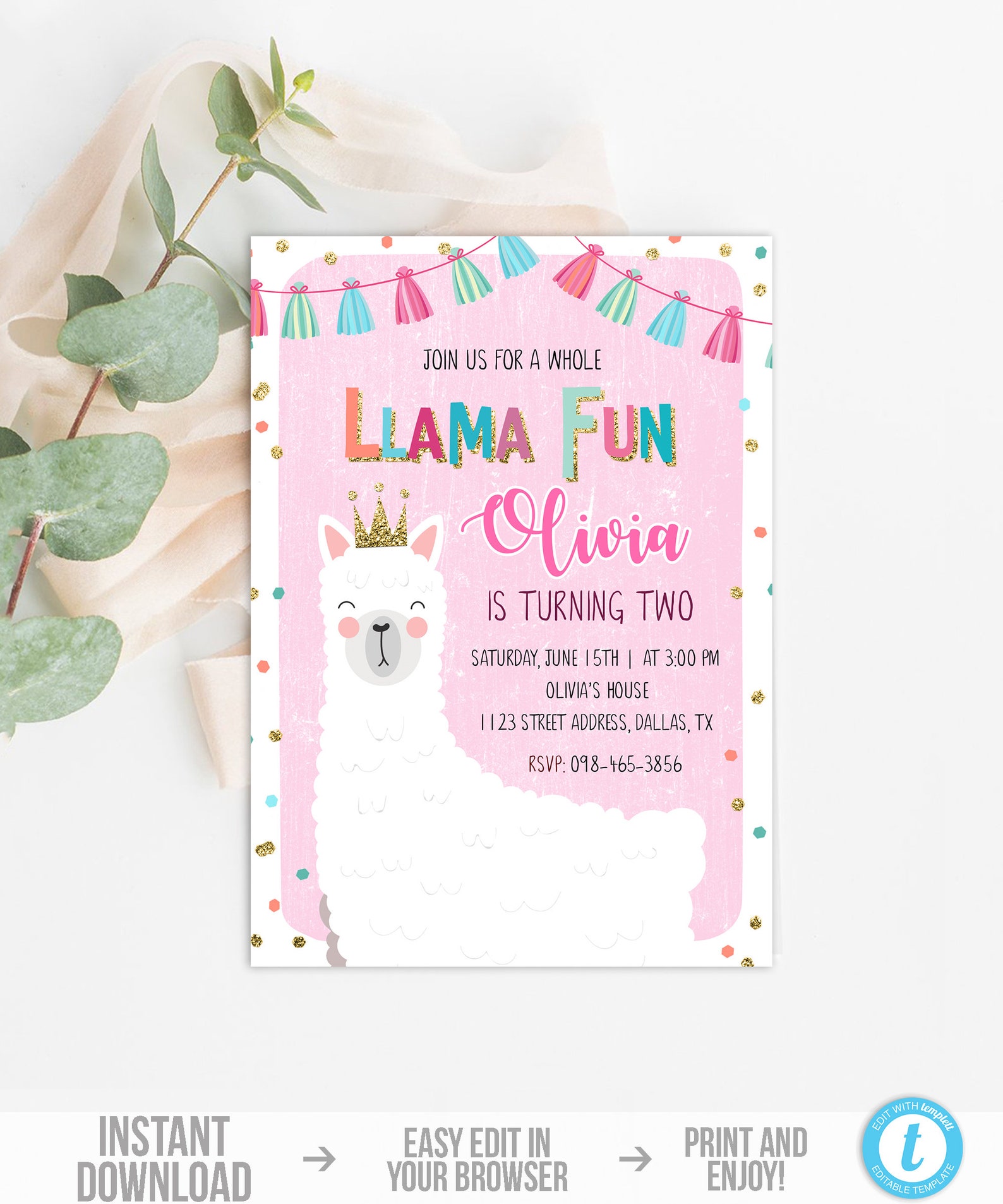 Llama Invitation Template Girl Llama Birthday Invitation | Etsy