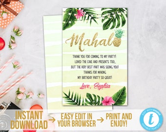 Tropical Thank You Card Hawaiian Birthday Thank You Card Printable Luau Party Thank You Editable Mahalo Thank You Card Aloha Download