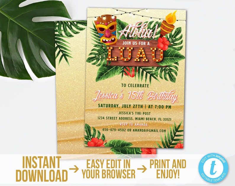 Luau Invitation Template Aloha Birthday Invitation Printable Etsy