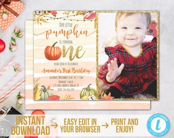 Fall First Birthday Invitation with Photo Instant Download Our Little Pumpkin Invitation Template Printable Autumn 1st Birthday Invites