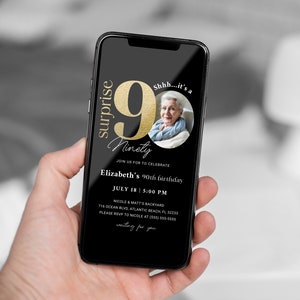 Black Gold Surprise 90th Birthday Electronic Invitation with Photo Virtual Birthday Invite 90 Anniversary Digital Invites Text Sms Evite