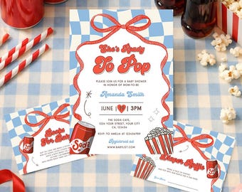 She’s Ready to Pop Baby Shower Invitation Set, Editable Blue & Red Retro Soda Invite, Diaper Raffle, Books for Baby, Digital Printable