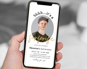 May include: A white smartphone screen displays a birthday party invitation with gold glitter text that reads "Shhh...it's a Surprise". The invitation is for Djonatan's 16th birthday party on July 18th at 5:00 PM at Nicole & Matt's backyard. The invitation includes an RSVP number.