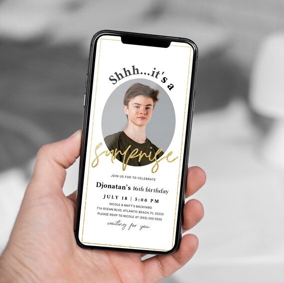 Surprise Birthday Electronic Invitation with Photo Any Age Adults or Teens Birthday Message Sms Invite Anniversary Digital Download Evite Il_570xn