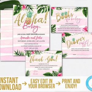 Tropical Baby Shower Invitation Kit Printable Aloha Girl Baby Shower Set Editable Hawaiian Baby Shower Invitation Bundle Download TGAP