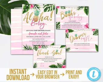 Tropical Baby Shower Invitation Kit Printable Aloha Girl Baby Shower Set Editable Hawaiian Baby Shower Invitation Bundle Download TGAP