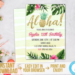 Aloha Birthday Invitation Pineapple Invitation Template Printable Tropical Party Invite Luau Invitation Hawaiian Invitation Download