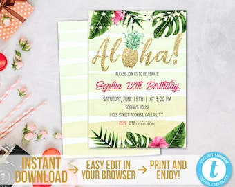 Aloha Birthday Invitation Pineapple Invitation Template Printable Tropical Party Invite Luau Invitation Hawaiian Invitation Download