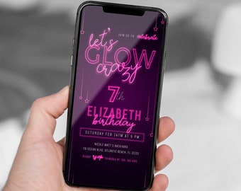 Pink Neon Party Electronic Invitation Glow Text Sms Invite Instant Download Digital Pink Neon Birthday Invitation Editable Glow Crazy File