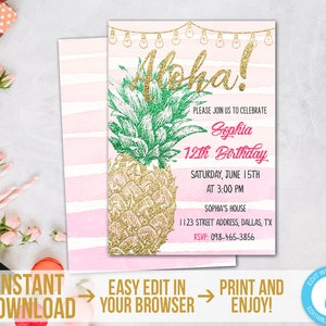 Pineapple Birthday Invitation Aloha Invitation Template Printable Tropical Party Invite Luau Invitation Hawaiian Invitation Download