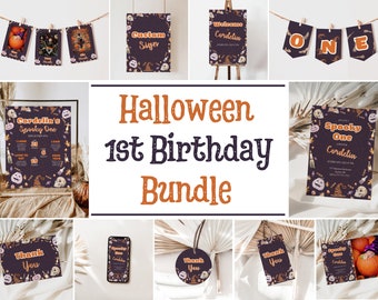 Halloween 1st Birthday Invitation Bundle | Spooky One Party Decor (Editable, Digital Download)