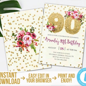 90th Birthday Invitation Editable Gold Glitter 90th Birthday Invitation Printable Gold Floral 90th Party Invite Instant Download Templett