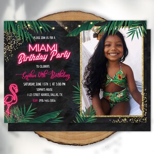 Miami Birthday Invitation with Photo Neon Tropical Party Invitation Editable Gold Hawaiian Birthday Invitation Printable Luau Invitation