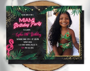 Invitation d'anniversaire de Miami avec Photo Neon Tropical Party Invitation Invitation d'anniversaire hawaïenne or modifiable Invitation Luau imprimable
