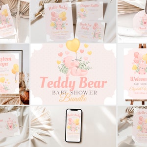 Teddy Bear Girl Baby Shower Bundle Printable Download Balloons Teddy Bear Girl Invite Templates Full Shower Bundle Pink Bear Shower Bundle