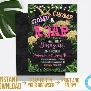 Chalkboard Girl Dinosaur Invitation Instant Download Gold Dinosaur Birthday Invitation Template Printable T-Rex Invitation Dino Party