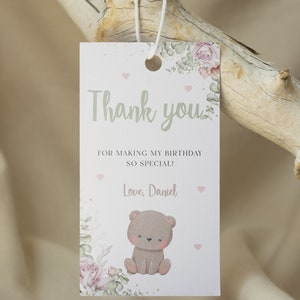 Teddy Bear Birthday Thank You Tag Editable Bear Girl Boy Baby Party Favors Bearly Birthday Decor Thanks Tags Instant Download Gift Tag image 4