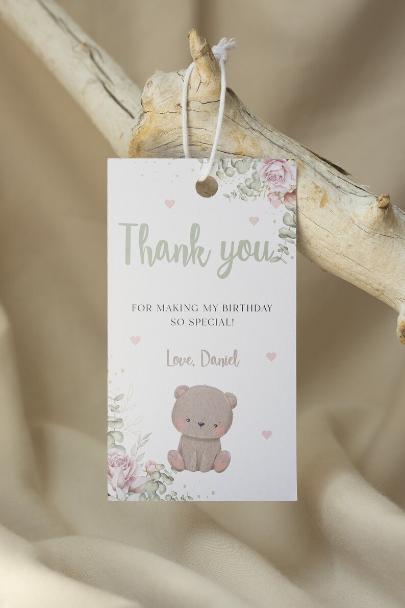 Teddy Bear Birthday Thank You Tag Editable Bear Girl Boy Baby Party Favors Bearly Birthday Decor Thanks Tags Instant Download Gift Tag image 4