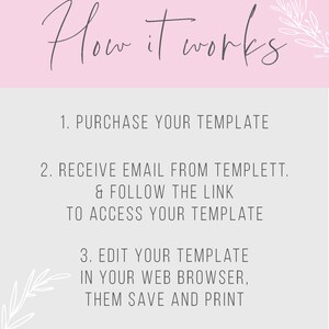May include: A graphic with the text "How it works" in cursive script over a pink background. The steps are: purchase template, receive email from Templett, edit in web browser, and save and print.