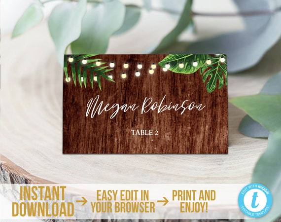 Rustic Tropical Place Cards Template Printable Wood Wedding Name Card Hawaiian Escort Card ...