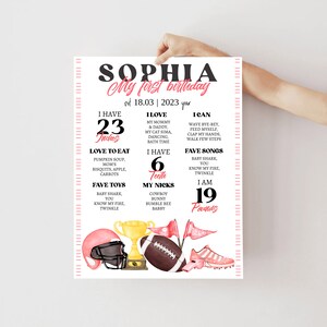 Girl Football First Birthday Milestones Sign Sports Baby Birthday Milestone Board 1st Birthday Stats Football Sign Printable Milestone