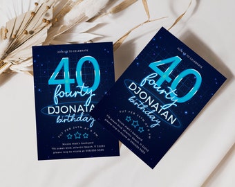 Blue Neon 40th Birthday Invitation Mens Fortieth Neon Light Birthday Invite Printable Editable Glow Crazy Adult Anniversary Party Template