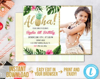 Aloha Invitation with Photo Pineapple Birthday Invitation Printable Tropical Party Invite Hawaiian Invitation Luau Invitation Download