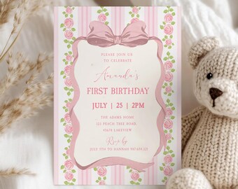 Vintage Pink Bow Floral Birthday Invitation Digital, Elegant Coquette Bow Floral Birthday Invitation Editable, Preppy Flower Digital Invite