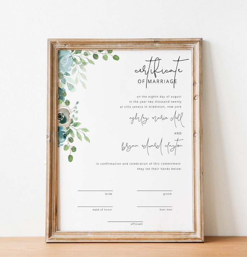 Dusty Blue Marriage Certificate Template Blue Wedding Certificate Keepsake Instant Download Dusty Floral Certificate of Marriage WY04 image 1