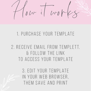 May include: A pink and gray graphic with the text "How it works" and a list of three steps: 1. Purchase your template, 2. Receive email from Templett and follow the link to access your template, 3. Edit your template in your web browser, then save and print.