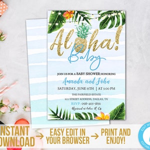 Aloha Baby Shower Invitation Gold Tropical Baby Shower Boy Printable Pineapple Baby Shower Party Luau, Hawaiian Download, Editable TGAB