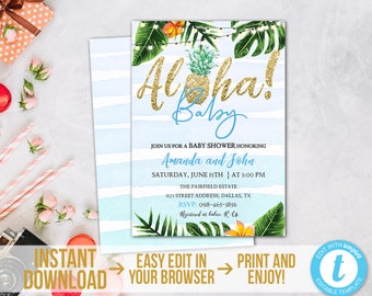 Aloha Baby Shower Invitation Gold Tropical Baby Shower Boy Printable Pineapple Baby Shower Party Luau, Hawaiian Download, Editable TGAB