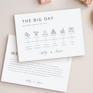 Plantilla de línea de tiempo de boda minimalista moderna Descarga de itinerario de boda elegante Carta de bienvenida simple imprimible Bolsa de bienvenida Nota WY03