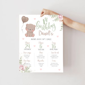 Teddy Bear First Birthday Milestones Sign Beary Milestone Board 1st Birthday Baby Bear Balloon Year Milestone Poster Baby Milestones Sign