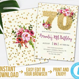 70th Birthday Invitation Editable Gold Glitter 70th Birthday Invitation Printable Gold Floral 70th Party Invite Instant Download Templett