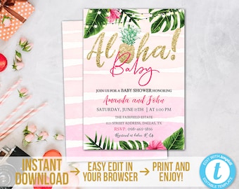 Aloha Baby Shower Invitation Download Gold Tropical Luau Baby Shower Girl Printable Pineapple Baby Shower Party Hawaiian Editable TGAP