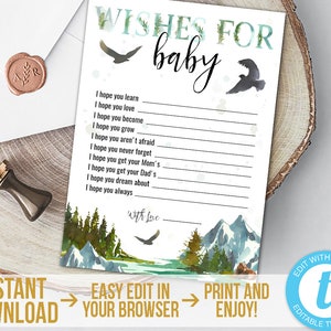 Deseos de aventura para tarjeta de bebé Aventura editable espera baby shower Tarjeta de deseos de bebé Deseos de montañas imprimibles para descarga instantánea de bebé