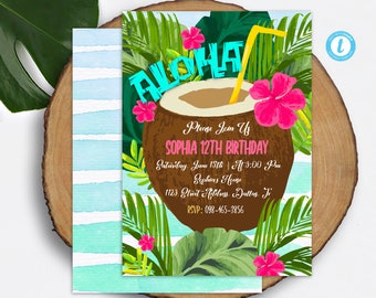 Aloha Invitation Download Coconut Birthday Invitation Template Hawaiian Invitation Luau Invitation Printable Tropical Party Invite