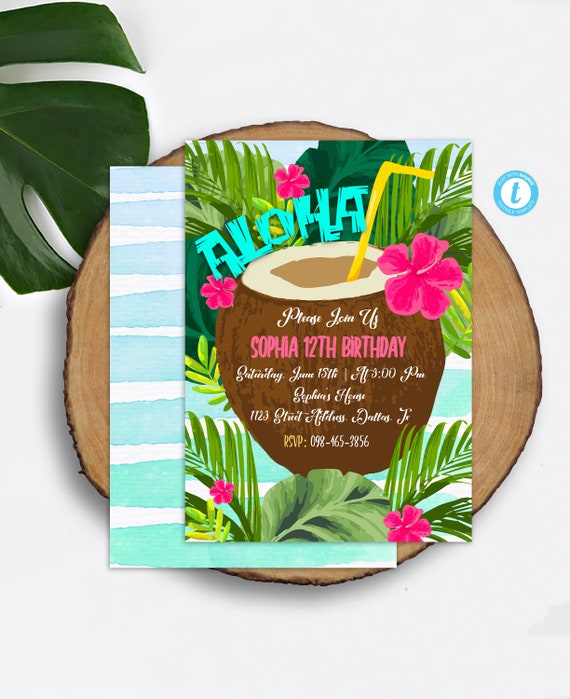 Aloha Invitation Download Coconut Birthday Invitation Etsy