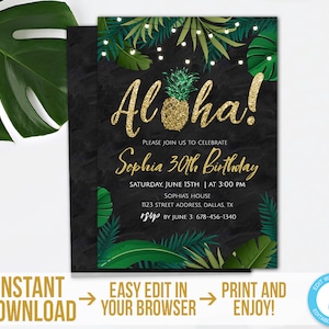 Aloha Invitation Template Gold Tropical Party Invitation Instant Download Hawaiian Birthday Invitation Printable Luau Invitation BGT