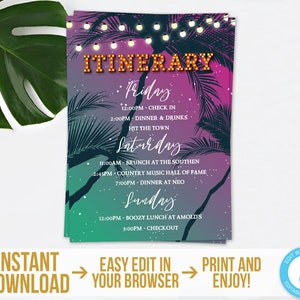 Tropical Itinerary Card Template Printable Beach Nights Itinerary Card Instant Download Tropical Palm Birthday Bachelorette Itinerary