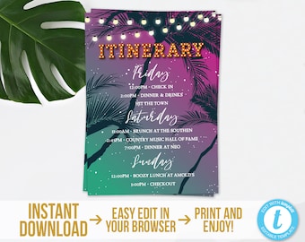 Tropical Itinerary Card Template Printable Beach Nights Itinerary Card Instant Download Tropical Palm Birthday Bachelorette Itinerary