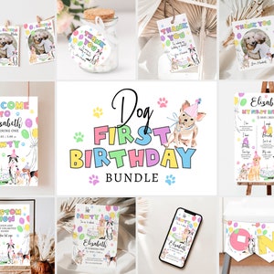 Dog First Birthday Bundle Dog Birthday Invitation Templates Kit Puppy Pawty Birthday Boy Girl Printable Decor Editable Invitations Set
