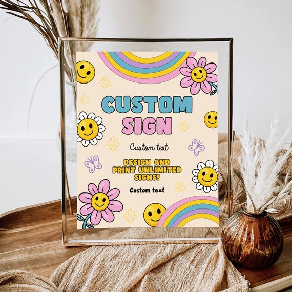 Smiley Daisy Birthday Custom Sign Smileys Emoji Any Age Girl Groovy Birthday Signage Template Smiley Flower Style Editable Text Welcome Sign Il_570xn