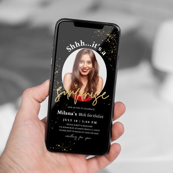 Black Gold Surprise Birthday Electronic Invitation with Photo Chalkboard Adults or Teens Birthday Phone Invite Anniversary Digital Evite Il_570xn
