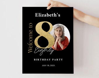 80th Birthday Welcome Sign Black Gold Eighty Adult Birthday Invitation Printable Template Glitter Sparkle Cheers for 80 Years Welcome Poster